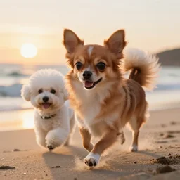 a photorealistic closeup image of a cute brown long haired chihuahua cocker spaniel chases a white bichon frise across the beach. sunset, surf. brightly lit. extreme detail. unreal engine