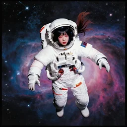 hikari shimoda, jame jean portrait of a young female astronaut going insane floating in a nebula, no helmet, flowing hair, takashi murakami, lomography, colorful