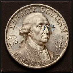 a photorealistic canvas painting of George Washington inspecting a Brasher Doubloon coin with his spectacles. This 4K HD image is Trending on Artstation, featured on Behance, well-rendered, extra crisp, features intricate detail and the style of Unreal Engine.