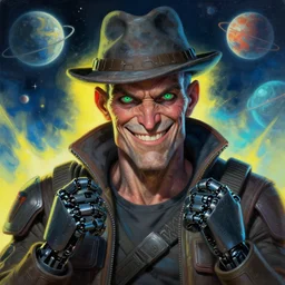 an intimate portrait of a gnarly human cyberpunk captain, old skin, faded hat, robot hands, charming, strong leader, green eyes, a look of cunning, big smile, detailed matte fantasy painting, the planets and night war rages behind him, yellow and blue and cyan