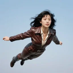 ektachrome, telephoto, highly detailed : incredibly realistic, youthful asian demure floating in the sky, exquisite features, feminine cut, photo 1 9 7 0 s frontiers in flight leather suit cosplay fashion, jack cardiff, gaston bussiere