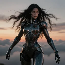 a diabolical dark beautiful female cyborg girl, long hair flowing on the wind, adaptive armor, dynamic pose, heavy eyes to the side, by navanh chanthara, glowing veins and cracks, in clouds, sunset, portrait, by gerald brom, by mikhail vrubel, by peter elson, muted colors, extreme detail, reflections, trending on artstation, 8 k