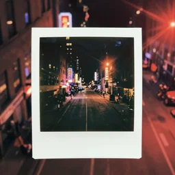 analog vintage photography portrait polaroid of a city street seen from above, neon signs, clubs, drone footage, night, window lights, lensflare, red color bleed, heavy film grain, bloom, glow