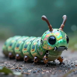 high quality macro photo iridescent cyborg full caterpillar! cute highly detailed david ligare elson peter cinematic teal lighting high quality low angle hd 8k sharp shallow depth of field