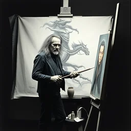 ronnie james dio, stands at his easel, painting a self portrait