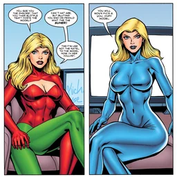 comics, 2 pages, martian manhunter is copying blond female model in the tv