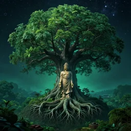 world tree with branches in the stars and roots in the underworld, big budha statue standing in the middle of a matte landscape, vast, epic, starry, lush, greenery, cinematic color scheme, by greg rutkowski, artstation, 4 k wallpaper, uhd quality, unreal engine, beautiful emotional digital art, highly - detailed, artstation cgsociety masterpiece, glossy paper quality