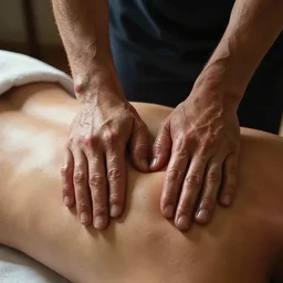 close up of an osteopath massaging the back of a lying patient, no face, photograph