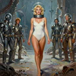 a mixed media painting of a beautiful blonde woman walking through an alien environment, elegant, aesthetic!!! symmetrical face and eyes, piercing gaze, tasteful eighties pinup style, photorealistic, curvy, model, 6 0's cartoon - glass - helmet, white - swimsuit, epic sci - fi character art, full length, by frank frazetta, donato giancola, boris vallejo, beeple, greg rutkowski, christian macnevin, high fantasy, prometheus, cgsociety, exquisite detail, post - processing, masterpiece, cinematic