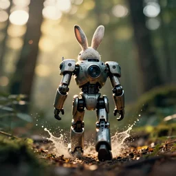 a 3 5 mm photo from the back of a rabbit - mecha - robot - fusion walking in the woods, splash art, movie still, bokeh, canon 5 0 mm, cinematic lighting, dramatic, film, photography, golden hour, depth of field, award - winning, anamorphic lens flare, 8 k, hyper detailed, 3 5 mm film grain