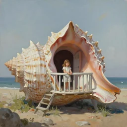 painting of a giant seashell house, a young girl stares from the balcony, by john harris, atmospheric, concept art