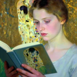 close up of a girl with a book, film still by edward hopper, by gottfried helnwein, by klimt, art noveau, highly detailed, strong lights, liminal, eerie, bright pastel colors,