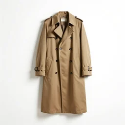 vintage trench coat, studio product photography, isolated on a pure white background, centered, entire object in frame, sharp focus, soft studio lighting