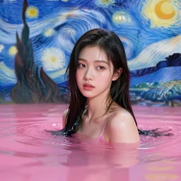 lee jin - eun emerging from pink water in cyberpunk theme by vincent van gogh, rule of thirds, seductive look, beautiful