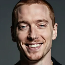 Eminem is looking at you and smiling, a big scary smile from Eminem, close up portrait, professional photography CANON, dramatic lighting enhancing all the details from Berlusconi\'s face