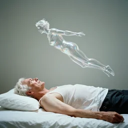 a 7 0 year old white haired man lays on a bed, a transparent iridescent figure levitates above him, by clemens ascher, canon eos c 3 0 0, ƒ 1. 8, 3 5 mm, 8 k, medium - format print
