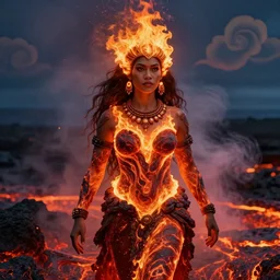 very beautiful Polynesian woman, lava and fire goddess, is captured in a depth of focus shot with dramatic lighting, rim lights, and high level of detail. She is composed completely of lava, with melting skin and flames for hair. Character is in all her magnificence and is in a naturally calm stance, with air smoke and particles in the atmosphere as well as decorative clouds