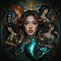 stunning, breathtaking, awe-inspiring award-winning realistic concept art face portrait of attractive mermaid Ashley Liao, by Alphonse Mucha, Ayami Kojima, Amano, Charlie Bowater, Karol Bak, Greg Hildebrandt, Jean Delville, and Mark Brooks, Art Nouveau, Neo-Gothic, gothic, rich deep colors, cyberpunk, extremely moody lighting, glowing light and shadow, atmospheric, shadowy, cinematic, 8K