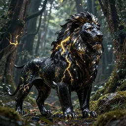 epic black lion with gold lightnings on the body surrounded by ancient forest, colossal scale ,beautiful, low angle, hd, sharp focus, hyperdetailed, artstation, cgsociety, 8k, illustration, by raphael lacoste and magali villeneuve