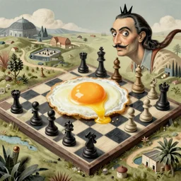 a melting fried egg on a chessboard in a surreal landscape, surrealism, by Salvador Dali, intricate, complex, highly detailed, masterpiece