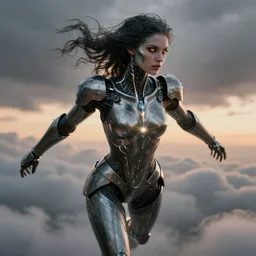 biblical diabolical beautiful female valkyree android, slick metal armor, jump, heavy eyes to the side, closeup, bright glowing veins, in clouds, rain, sunset, portrait, by gerald brom, by mikhail vrubel, by peter elson, muted colors, extreme detail, reflections, trending on artstation, 8 k
