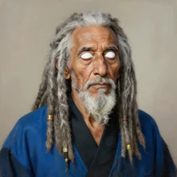 masterpiece painting of a portrait of a egyptian old man, white blind eyes and with long dreads gray hair wearing blue and black kimono featured in artstation, concept art by Greg Rutkowski, WLOP, Dan Mumford, Christophe Vacher