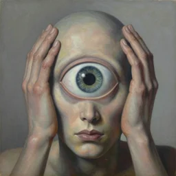 Two hands holding a head with only one big eye by Zdzislaw Beksinski, Jeffrey Smith and H.R. Giger, oil on canvas, 8k highly professionally detailed, trending on artstation