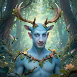 portrait of benjamin netanyahu as a magical forest spirit, light blue skin, antlers, branches, leaves, flowers, magical, aura, hummingbirds, by brian froud