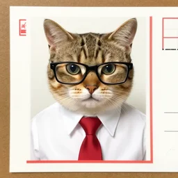 cat wearing glasses, a white shirt, and a red tie, stamping postcards