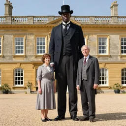 an enormously tall wide imposing man in victorian suit and overcoat and hat stands beside short slim woman in dress in front of english stately home, midday, sunshine, adebanji alade, george goodwin kilburne, norman rockwell