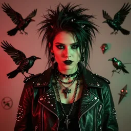 beautiful fantasy character portrait, of a young woman, wearing a emo outfit, leather jacket, silver studs, punk hair, ultra realistic, dramatic red and green lighting, the crow artifacts, highly detailed by peter mohrbacher, hajime sorayama, wayne barlowe, boris vallejo, aaron horkey, gaston bussiere, craig mullins