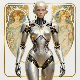 realistic detailed portrait of a humanoid mecha cyberpunk! goddess by Alphonse Mucha and Charlie Bowater and art germ, rule of thirds, golden ratio, Art Nouveau! cyberpunk! style, mechanical accents!, mecha plate armor, glowing LEDs, flowing wires with leaves, art nouveau accents, art nouveau patterns and geometry, circuit patterns, rich deep moody colors, portrait style with the subject in the middle of the frame