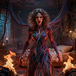rgb wires, portrait, woman, bedroom full of fire, rage, cinematic, movie scene, inspired by zdzislaw beksinski, clothes made out of veins,, cables everywhere, bedroom, ultra realistic, concept art, intricate details, highly detailed, photorealistic, octane render, 8 k