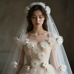 hight focus of a wonderful realistic focused sweet wonderful symmetrical mid portrait of a lonely woman with a detailed wonderful, majestic, large semi transparent cream cotton dress ornate with semi transparent cotton roses and semi transparent white veils, dramatic light, octane render - 8 k