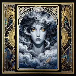 storm god, mist of swirling clouds, painted by 秋 屋 蜻, with multiple golden boarders on black paper background + black paper with intricate and vibrant prismatic line work + tarot card + angelarium, art deco, art nouveau + shiny and full of silver layers + symmetrical portrait + visually striking amber eyes + trending on artstation + incredible black and blue gothic illustration + exquisite detail