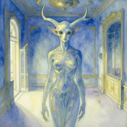 close up of a chimera in a blue and gold haunted liminal abandoned room, watercolor by victo ngai, by hammershøi, art noveau, highly detailed, lights by edward hopper, liminal, eerie, bright pastel colors