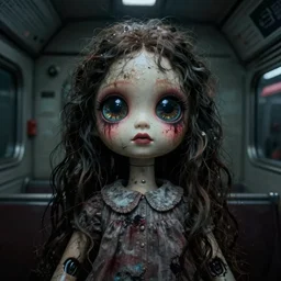 1 9 6 0 s mia farrow as a life size animatronic doll on london underground by margaret keane, vaporwave, big glass eyes, real hair, dimly lit, distressed, liminal space, haunting atmosphere, gothic, silent hill, horror style, unrealengine octane render, 8 k