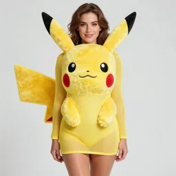 elegant voluptuous woman in a mesh pikachu costume, photo by Annie Liebovitz