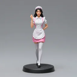 80mm resin detailed miniature of a Waitress woman, white blouse, Pink mini-skirt, apron, White tights, on textured base; Miniature product Photos, 4K, Full body;