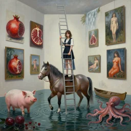 painting of a flooded art gallery and a tall emo girl holding an infinite ladder, riding a pork horse, paintings on the wall, pomegranates, waterfall, pigs, octopus, canoe, berries, zen, sensual, surrealist, by magritte and monet