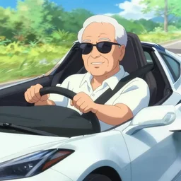 photorealistic Ben Bernanke wearing sunglasses driving a corvette on a summer day, anime key visual, digital art, anime screenshot, kyoto animation, makoto shinkai, trending on artstation