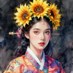 korean women's fashion, sunflower tiara, intricate watercolor cyberpunk vaporwave portrait by tim doyle