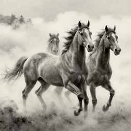 proto indoeuropean paint carvings of photographic evidence of rayraced cgi horses in beautiful mistifying cloudfields. agi inc ink.