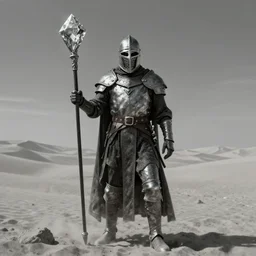 horror art, king diamond as middle age crusader in the grey desert, art by ismail inceoglu