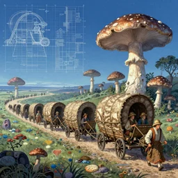 caravan of portobello mushroomfolk merchant nomads traveling through a psychedelic landscape, in the style of Greg Broadmore and Arthur Rackham and Moebius, trending on artstation, light lighting side view,digital art,surrealism ,macro,blueprint ,vaporwave ,