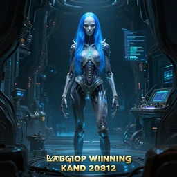 style of h. r. giger, kang shan wok : : fantasy art scenery : : award - winning : : biomechanical pale alien woman hologram, blue hair : : dark futuristic lab