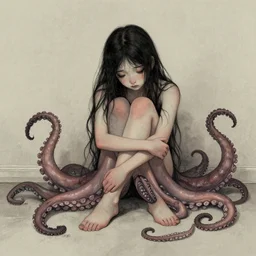 a sad girl with octopus tentacles instead of limbs sitting on the floor, illustration by Dave McKean
