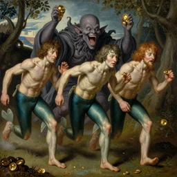 The portrait of three merman running away with gold from Cthulhu who laughs and follow them, by Hieronymus Bosch and Pieter Bruegel inspired by Terry Pratchett, super detailed oil painting, hyper realistic faces, 4k, masterpiece