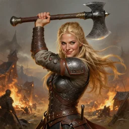 an ultradetailed picture of a beautiful and tough looking blonde viking woman holding a battleaxe above her head, d & d, fantasy, intricate, elegant, highly sharp focus, illustration, digital painting, smiling playfully, burning village in the background, 8 k, artstation, fine detail, art by frank frazetta, john collier, albert aublet, krenz cushart, and alphonse mucha