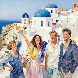 joyful day santorini, intricate environment, impressionistic watercolor painting by denis sarazhin, alvaro castagnet, kim jung gi, john singer sargent, simon stalenhag, thomas kinkade, craig mullins